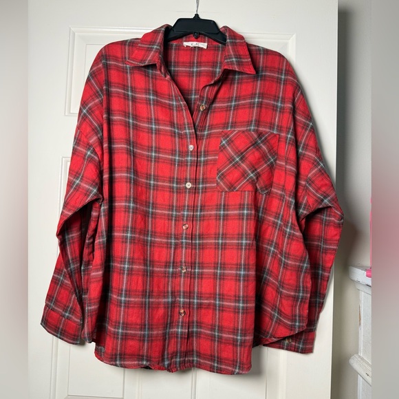 Kye Mi Tops - Kye Mi Women’s Oversized Style Red Plaid Button-Up Shirt